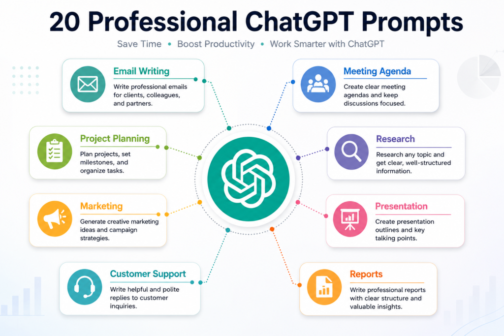 20 professional ChatGPT prompts for work including email writing, meeting agendas, project planning, research, marketing, presentations, customer support, and reports.