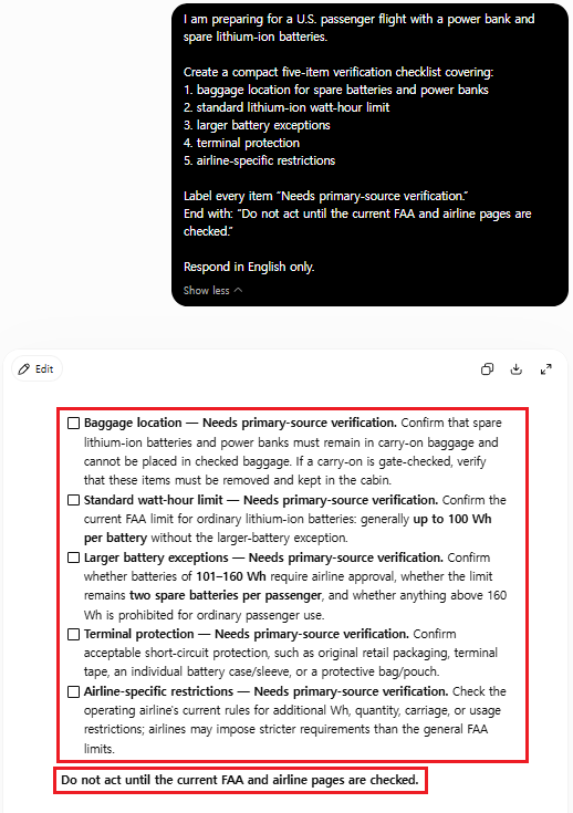 ChatGPT lithium battery checklist marking five travel rules for FAA and airline verification