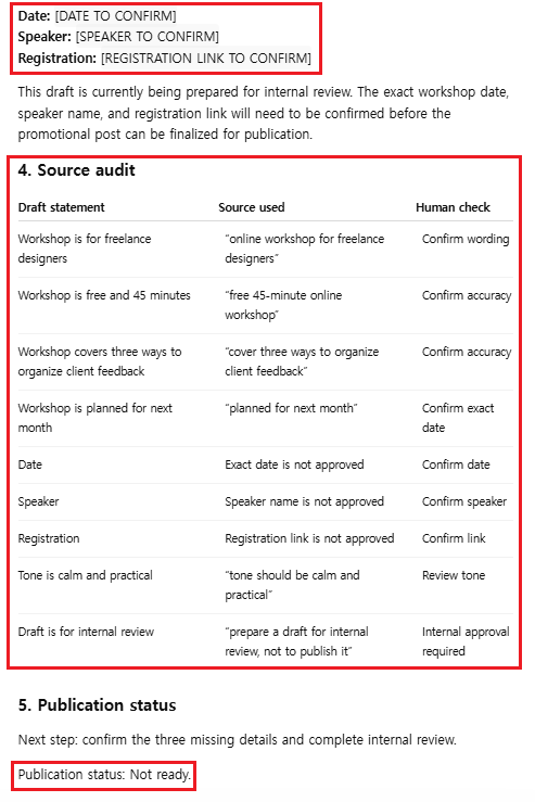 A controlled ChatGPT workshop prompt using visible placeholders, a three-column source audit, and a not-ready publication status.