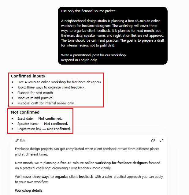 A short ChatGPT workshop prompt separating confirmed source facts from an unapproved date, speaker, and registration link.
