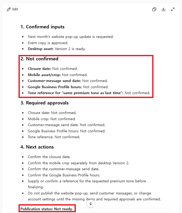 A controlled ChatGPT prompt separating confirmed inputs, missing details, required approvals, and next actions for a fictional marketing handoff