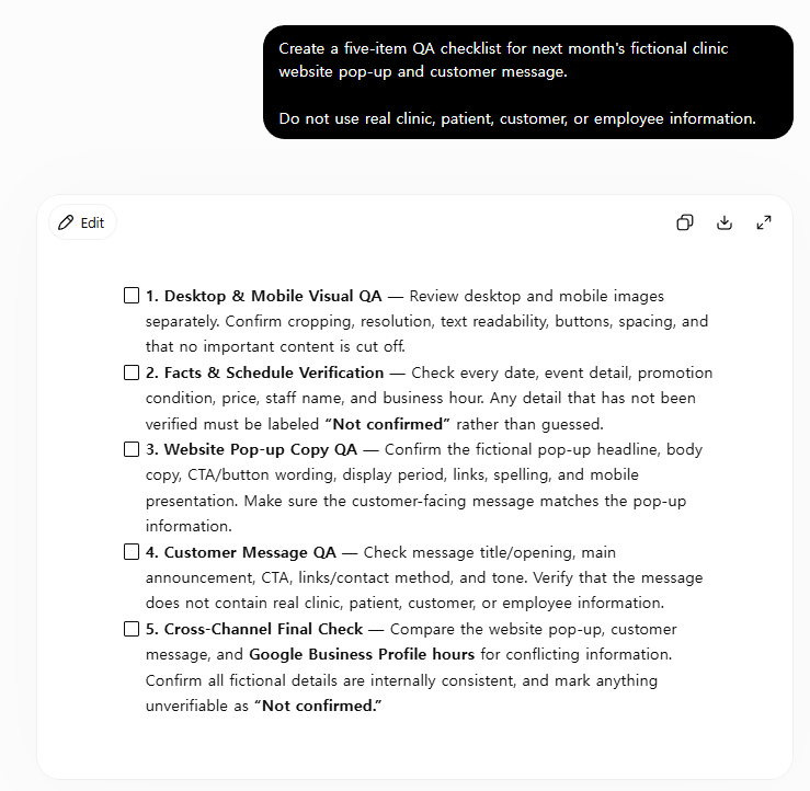 Fictional marketing QA checklist produced after saving a controlled ChatGPT Memory preference
