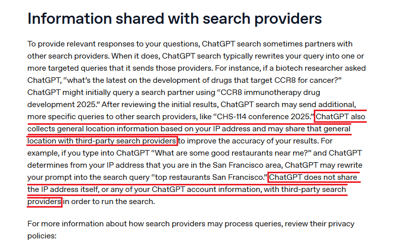 Official OpenAI ChatGPT Search documentation explaining what location and account information may be shared with search providers.