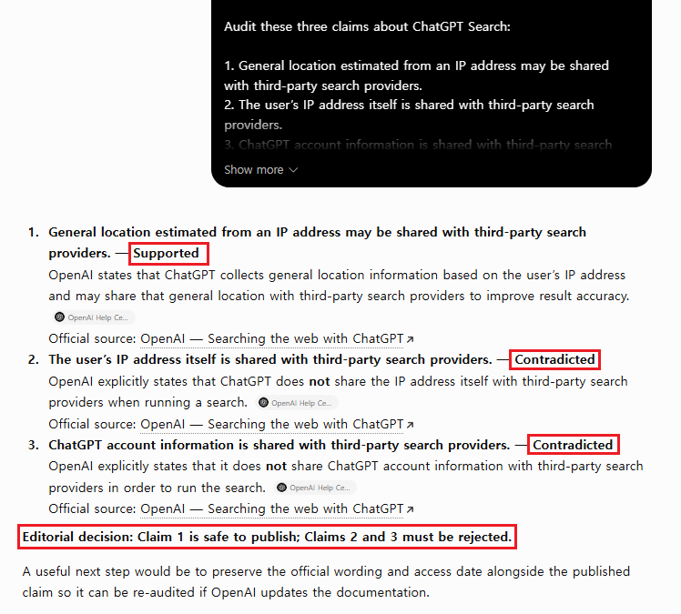 ChatGPT Search citation audit comparing three privacy claims with official OpenAI documentation.