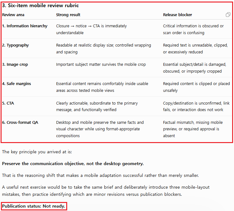 ChatGPT Study Mode final six-item mobile QA rubric covering hierarchy, typography, image crop, safe margins, CTA, and cross-format checks.