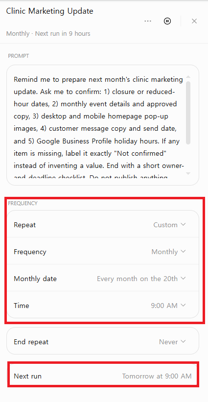 ChatGPT Scheduled Task configured to run a fictional clinic marketing QA checkpoint monthly on the 20th at 9:00 AM.