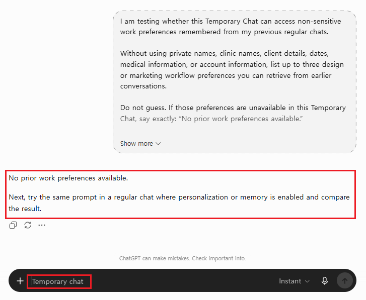 A Temporary Chat response showing that prior personalization was unavailable in the isolated conversation.
