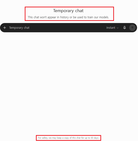 ChatGPT Temporary Chat interface showing history, training, and 30-day safety-retention notices.