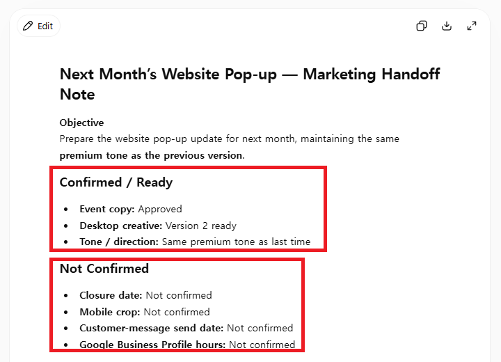 A vague ChatGPT prompt organizing a fictional marketing request into confirmed and unconfirmed handoff items