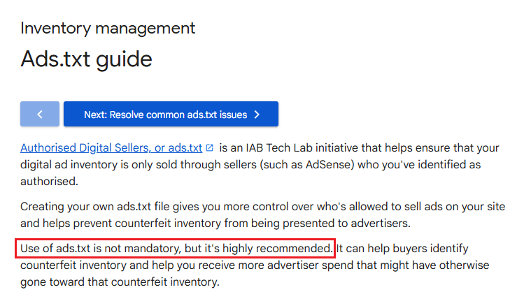 Google AdSense ads.txt guide stating that ads.txt is recommended but not mandatory