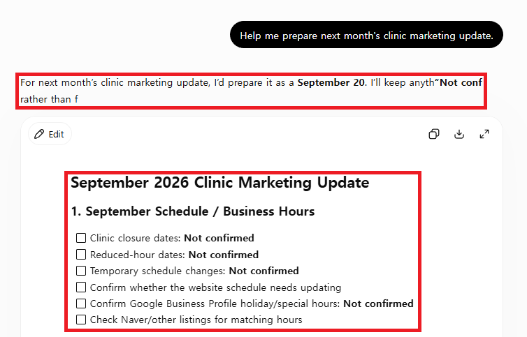 A vague beginner ChatGPT prompt produced an incomplete fictional clinic marketing checklist with context-influenced details.