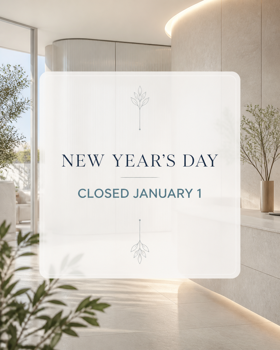 Fictional clinic New Year’s Day closure popup created from a controlled ChatGPT design brief