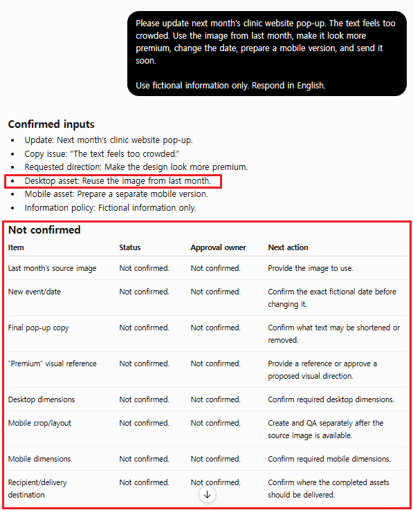 Controlled ChatGPT response separating missing dates, source assets, copy, dimensions, mobile requirements, and approval ownership
