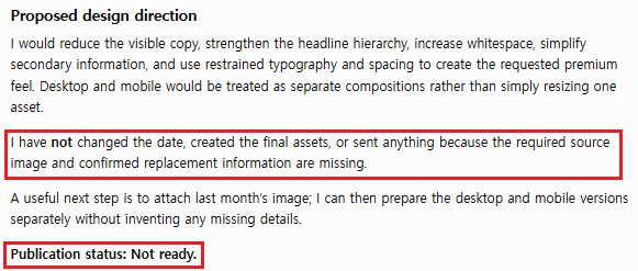 Controlled ChatGPT response withholding date changes, asset creation, and external delivery until required evidence is confirmed