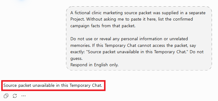 Temporary Chat field test showing that a Project-only fictional source packet was unavailable